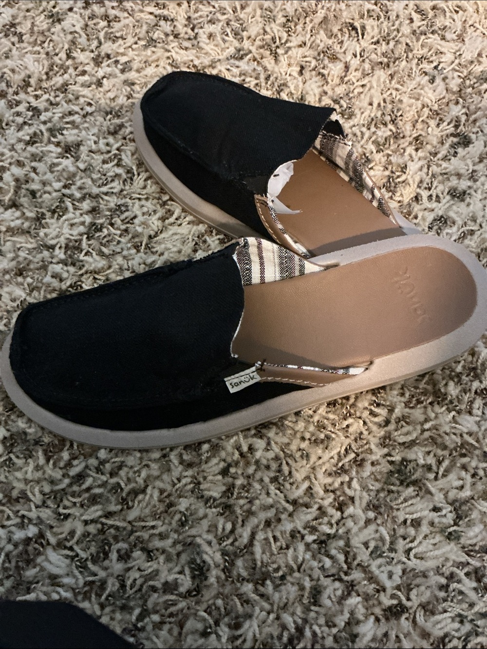 Sanuk Black Canvas Slide Mule with Tan Footbed
